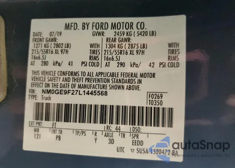 2020 Ford Transit Connect Xlt z USA, uszkodzony, nr VIN NM0GE9F27L1445568